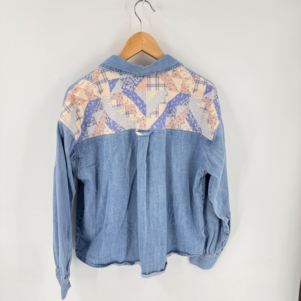 Forever 21 Patchwork Chambray Denim Button Down Size L Cottagecore Retro Plaid - Picture 2 of 8